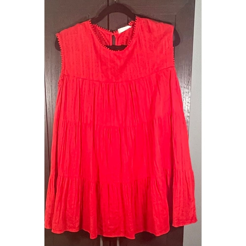 Altar'd State Red Tiered Sleeveless Mini Dress Pom Pom Trim Dobby Textured Small
